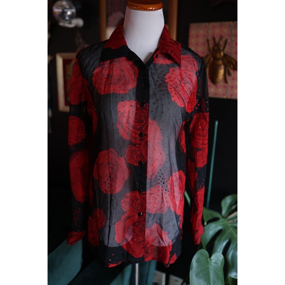 Vintage Erena Y2K Sheer Glitter Long Sleeve Button Down Whimsigoth Red Roses S